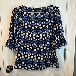 Ann Taylor Women’s Blue & Navy Floral Blouse Cinched Ruffled Half Sleeve Sz. XS